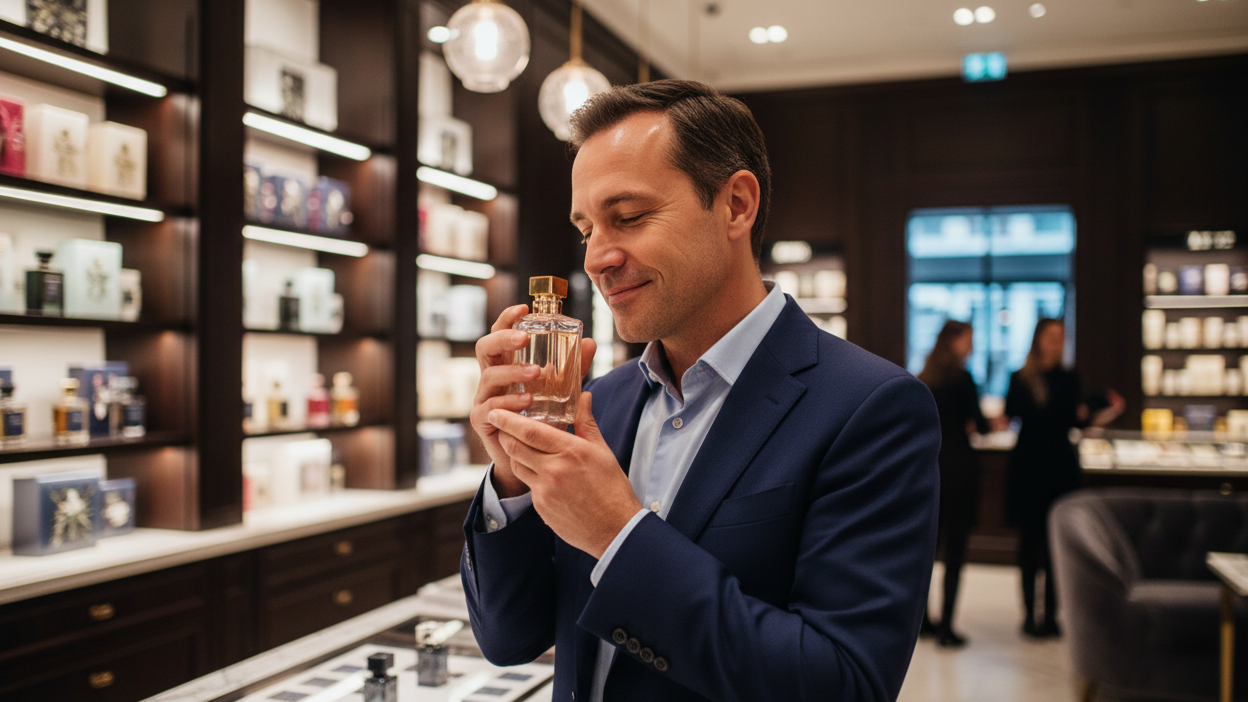 necesito una imagen de un hombre comprando perfumes, que la persona tenga una cara de satisfacción al oler el perfume